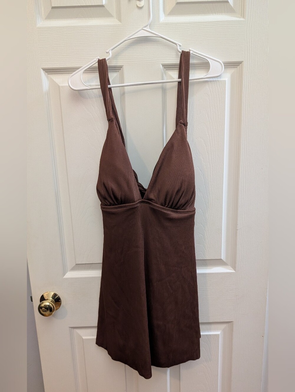 Brown Ribbed V-Neck Swim Dress - 3x